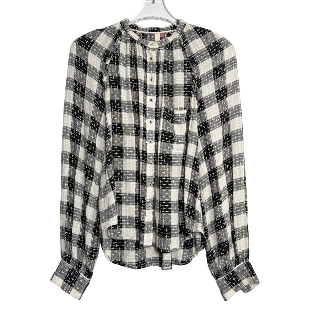 Pilcro Keira Blouse Women Small Black White Plaid Textured Stitching Wool Blend